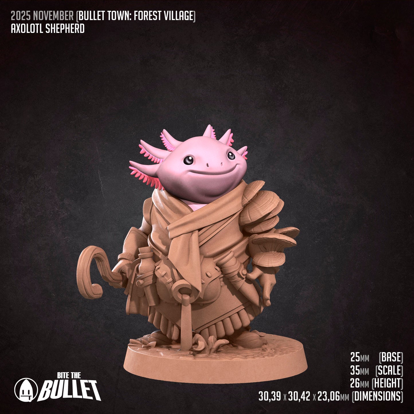 Bullet Town Forest Village, Axolotl Shepherd | D&D Pathfinder TTRPG Miniature | Bite the Bullet