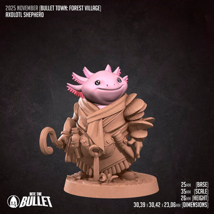 Bullet Town Forest Village, Axolotl Shepherd | D&D Pathfinder TTRPG Miniature | Bite the Bullet