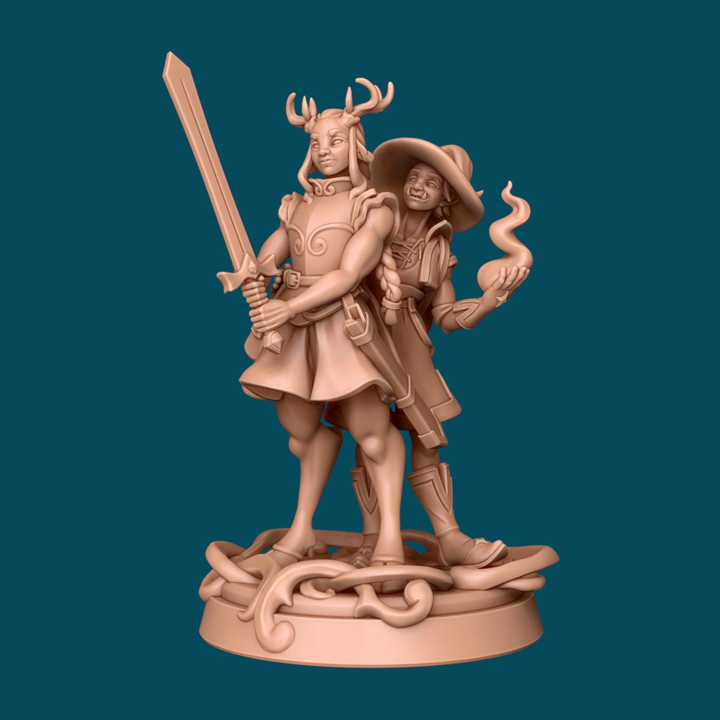 Magic, Half-Orc Wizard + Might, Fawn Warrior | Couple | TTRPG D&D Miniature | Awkward Penguin Minis