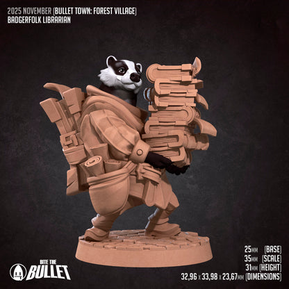 Bullet Town Forest Village, Badgerfolk Librarian | D&D Pathfinder TTRPG Miniature | Bite the Bullet