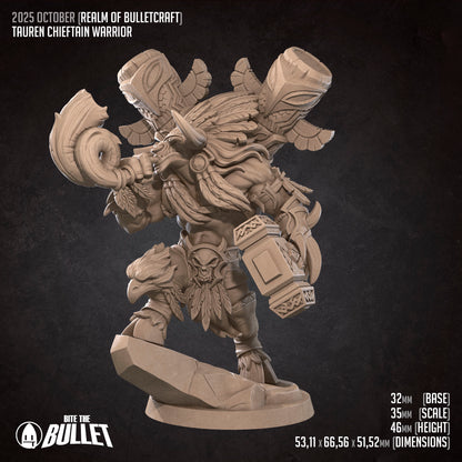 Realm of Bulletcraft, Tauren Chieftain Warrior | D&D Pathfinder TTRPG Miniature | Bite the Bullet