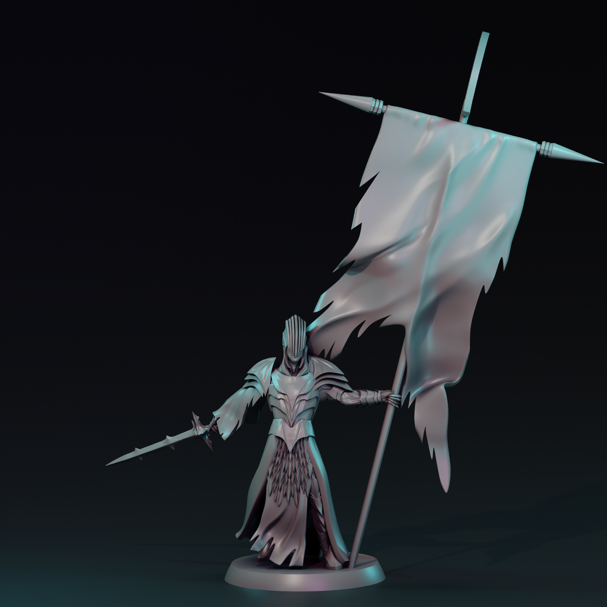 Shadowborn Knights Infantry Warband miniature by Tattles Told 3D, featuring detailed knight figures on a banner background.