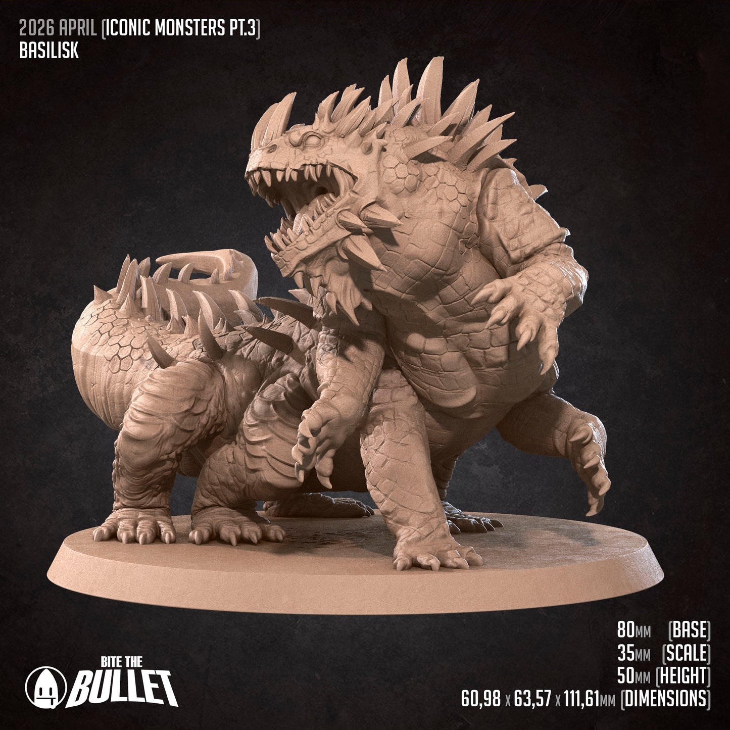 Tattles Told 3D Basilisk D&D miniature featuring a detailed, scaled creature with a fierce stance and textured scales.