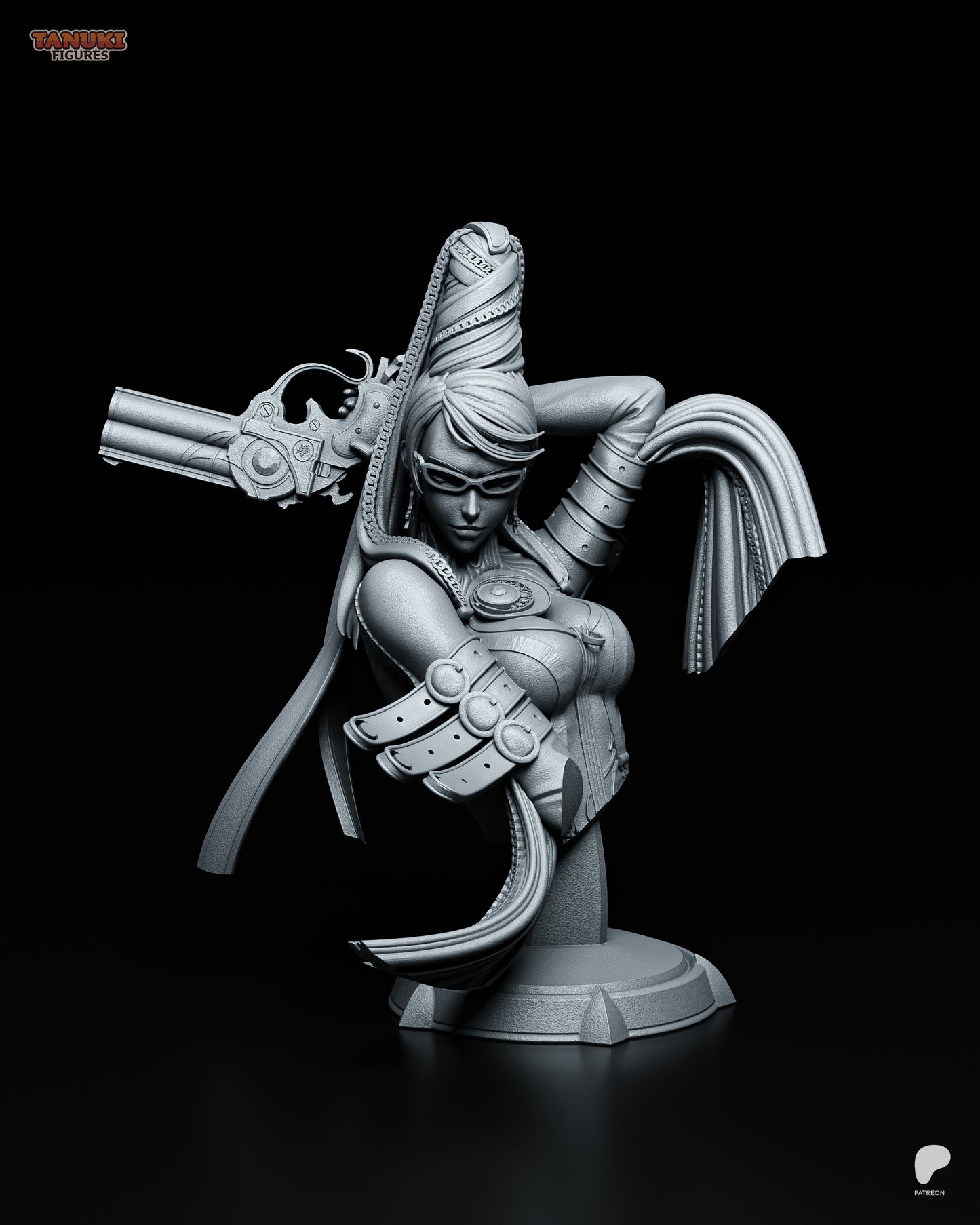 Resin garage kit figure of Bullet Witch Bayonetta bust by Tattles Told 3D, featuring detailed tanuki-themed fan art design.
