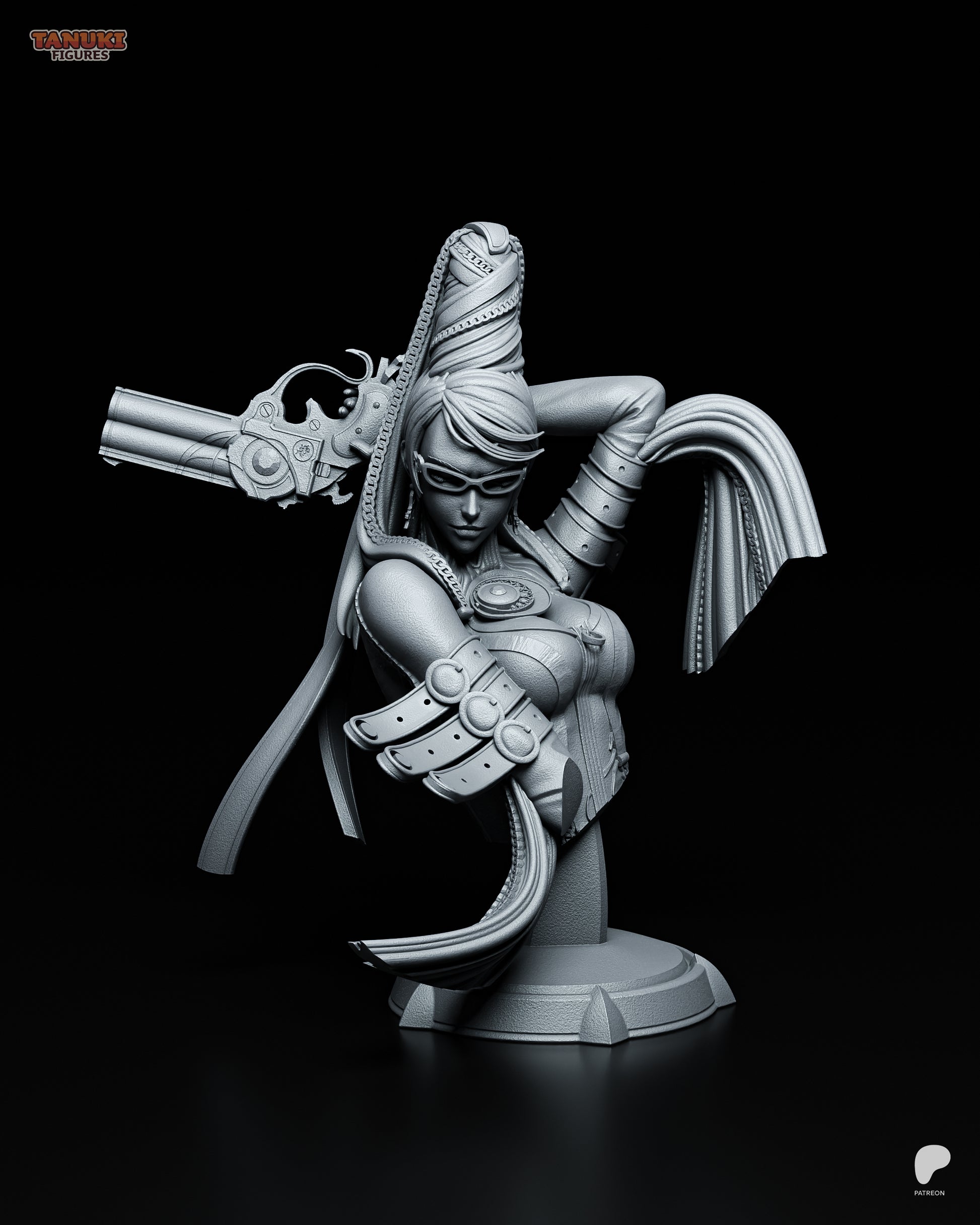 Resin garage kit figure of Bullet Witch Bayonetta bust by Tattles Told 3D, featuring detailed tanuki-themed fan art design.