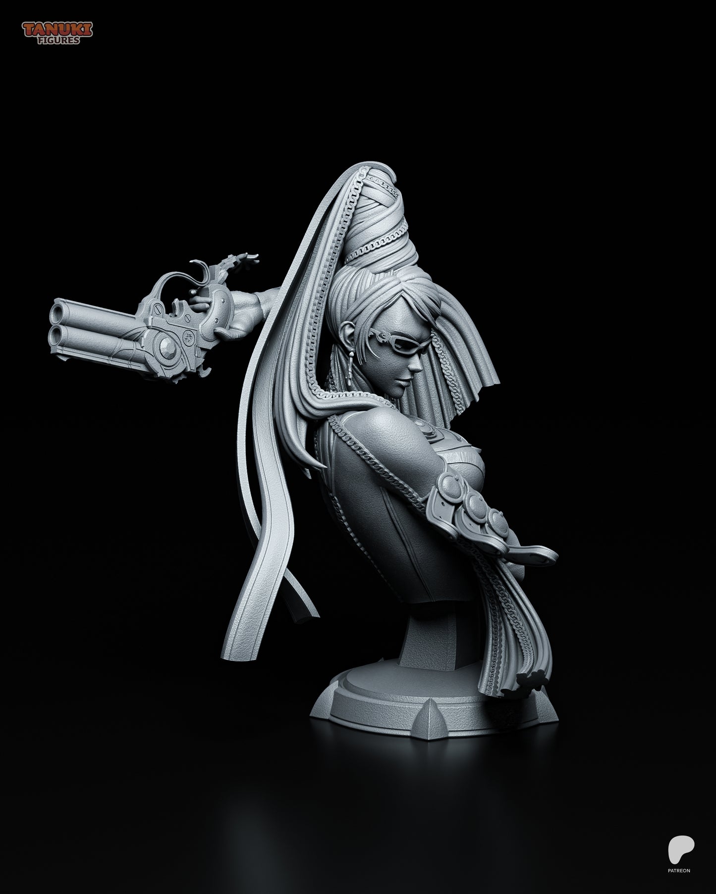 Stylish Bullet Witch resin garage kit figure of Bayonetta with tanuki design by Tattles Told 3D, detailed fan art collectible.