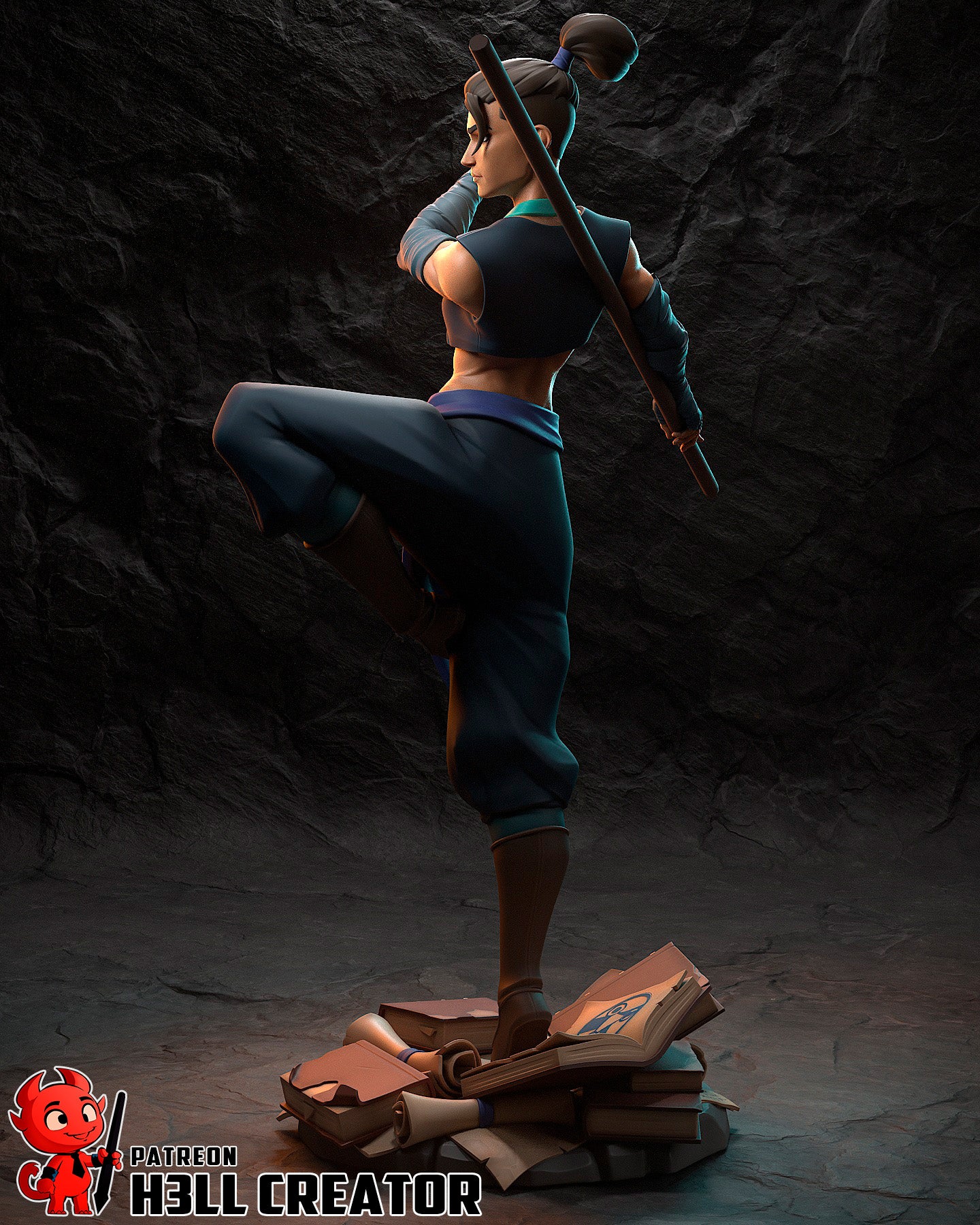 Resin garage kit figure of Agile Combat Monk by Tattles Told 3D, featuring detailed fan art design on a display stand.