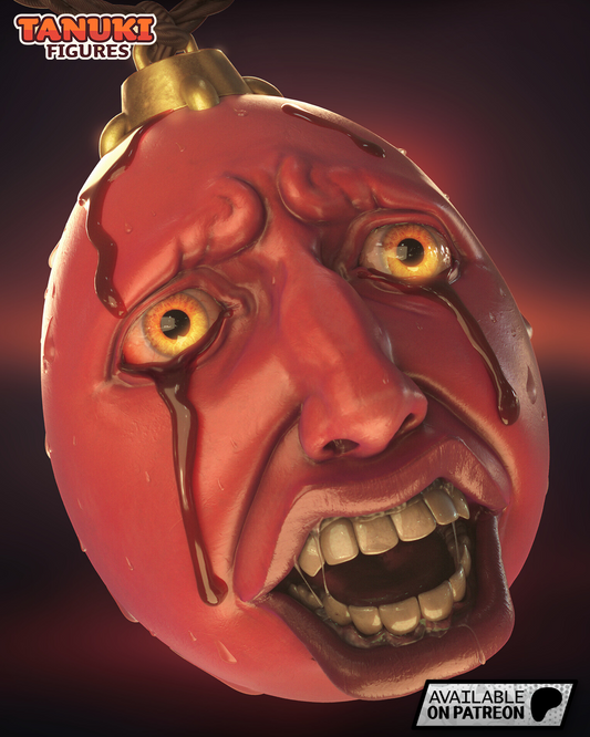 Crimson Egg of the King resin garage kit figure by Tattles Told 3D, Tanuki fan art, detailed behelit design on a display stand