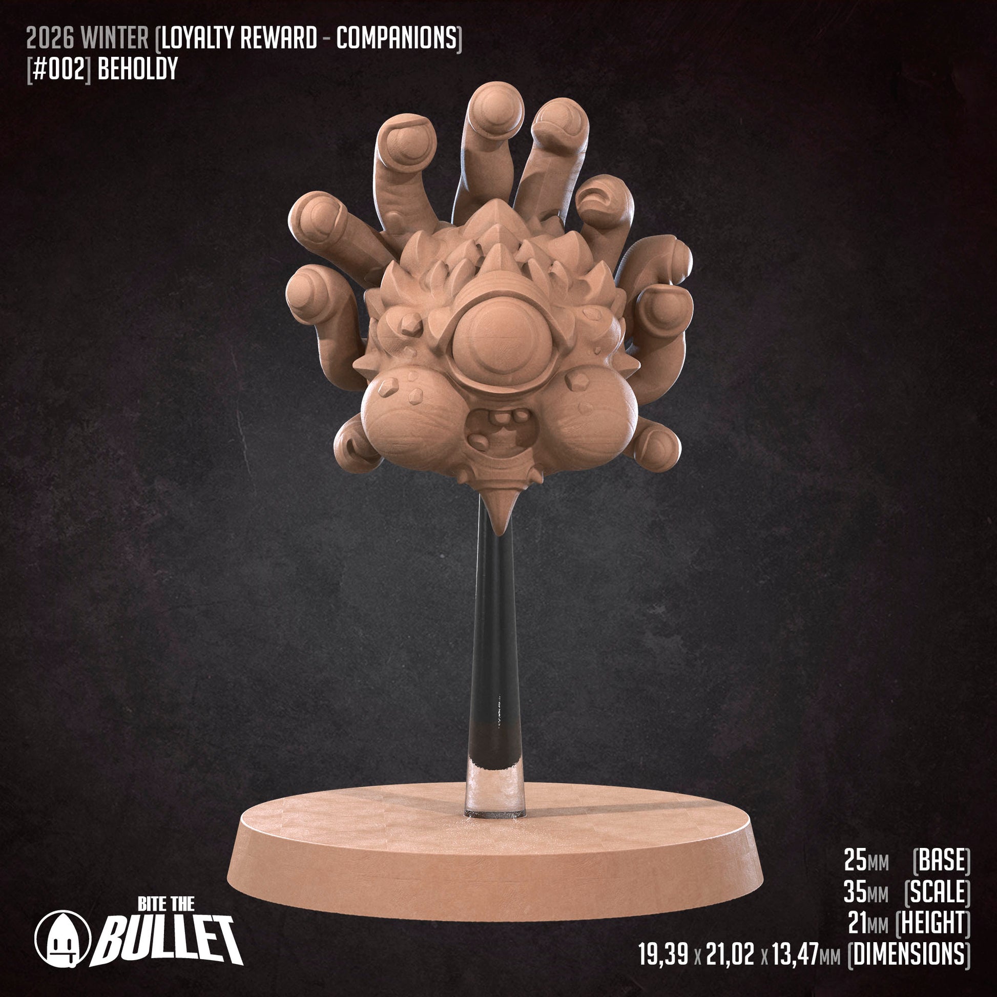 Tattles Told 3D Beholdy D&D TTRPG miniature depicting Bite the Bullet, a detailed fantasy character figure for tabletop gaming.