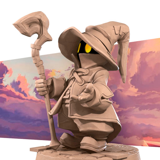 Black Mage D&D TTRPG miniature by Tattles Told 3D, featuring a detailed black-clad mage with staff and mystical design.