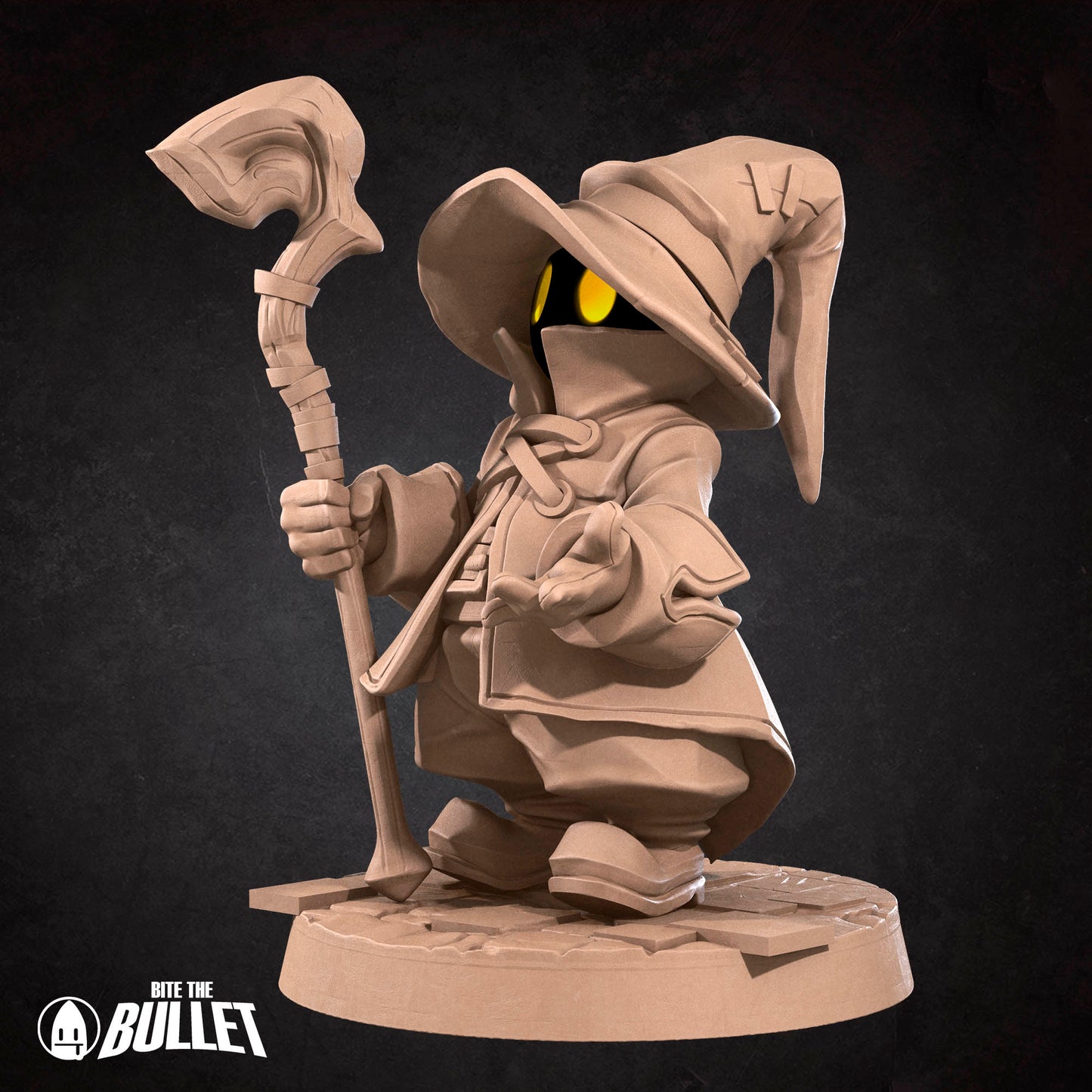 Black Mage D&D TTRPG miniature by Tattles Told 3D featuring a detailed black-robed mage with staff and magical effects.