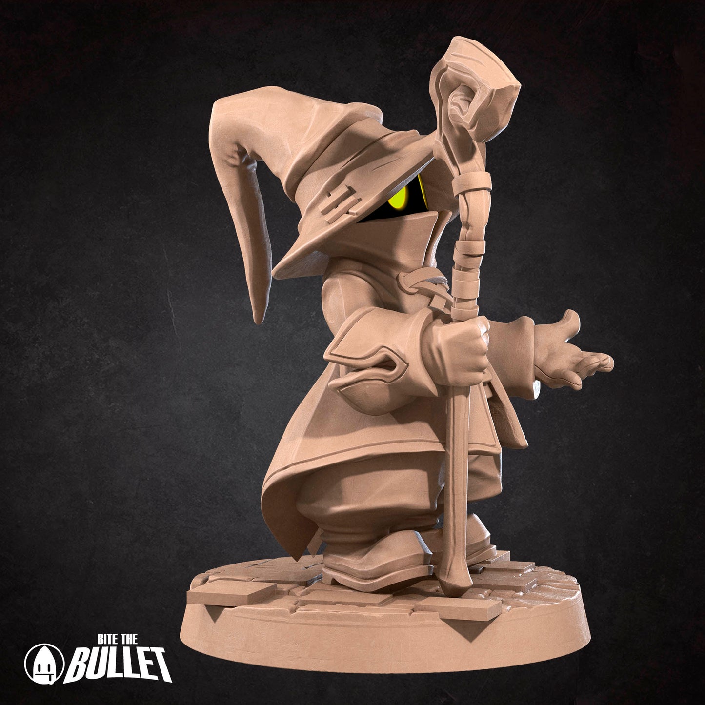 Black Mage D&D TTRPG miniature by Tattles Told 3D, featuring a detailed black-robed mage with staff, designed for tabletop gaming.