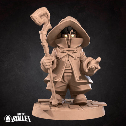 Black Mage miniature from Tattles Told 3D for D&D TTRPG, featuring a detailed black-robed mage holding a staff.
