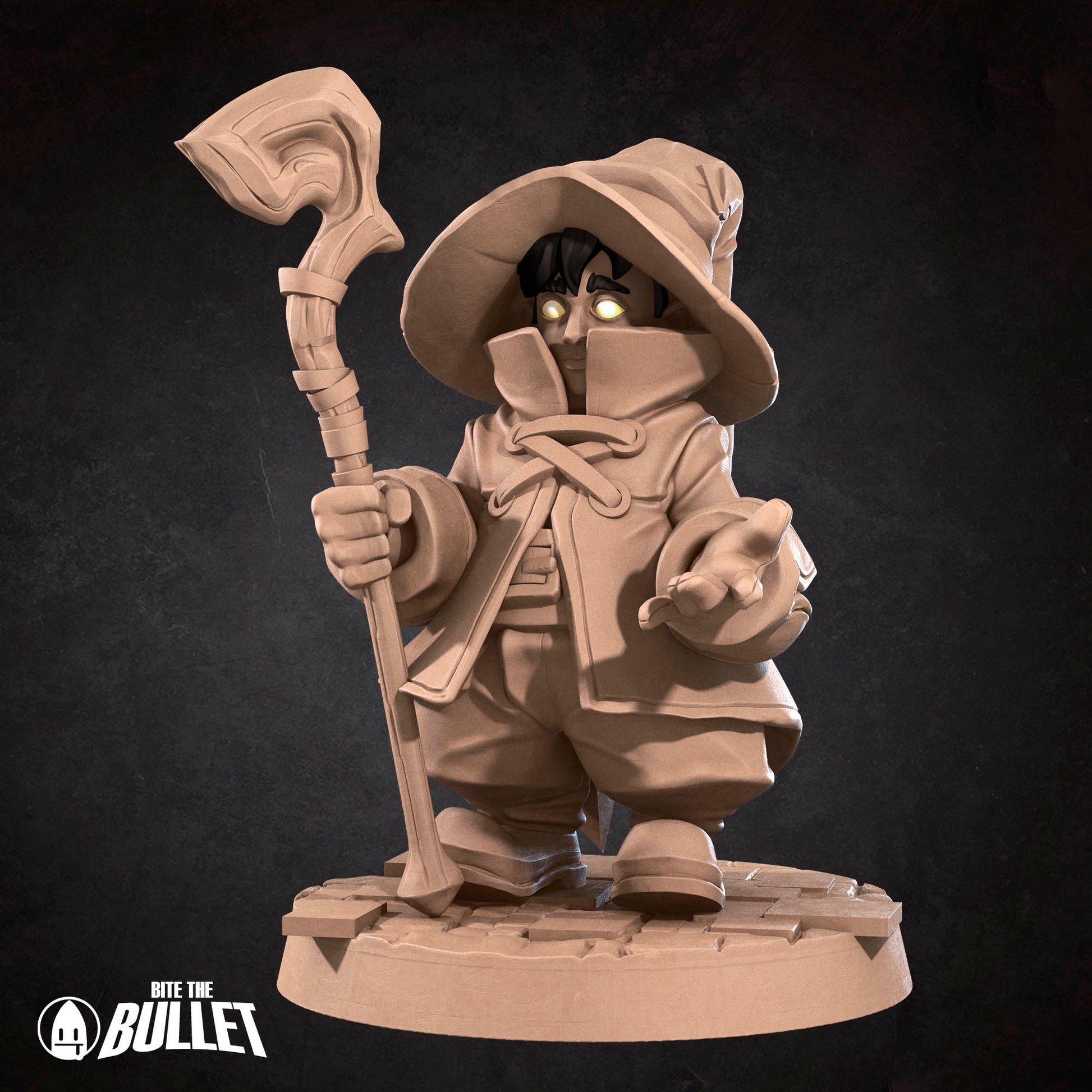 Black mage D&D TTRPG miniature by Tattles Told 3D, featuring a detailed black-robed mage holding a staff and spellbook.