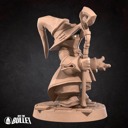 Black Mage D&D TTRPG miniature by Tattles Told 3D, featuring a detailed figure wielding magic in a dark robe.