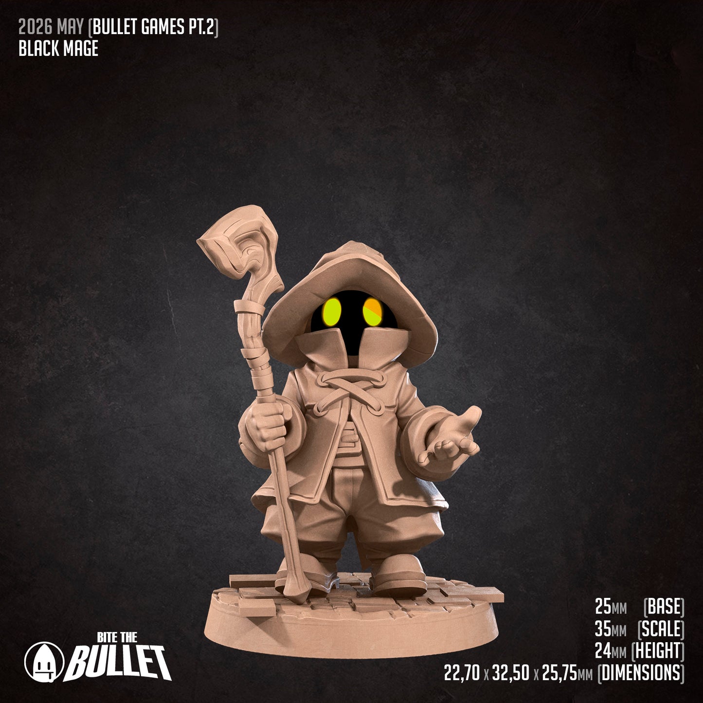 Black Mage D&D TTRPG miniature by Tattles Told 3D, detailed black-robed mage figure for tabletop gaming.