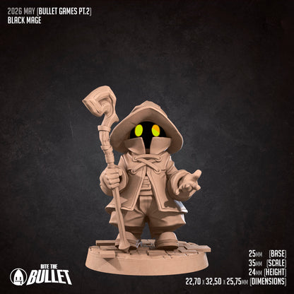 Black Mage D&D TTRPG miniature by Tattles Told 3D, detailed black-robed mage figure for tabletop gaming.