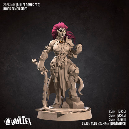 Black Demon Rider miniature from Tattles Told 3D, featuring a menacing demon with detailed armor and weaponry for D&D TTRPG gameplay.