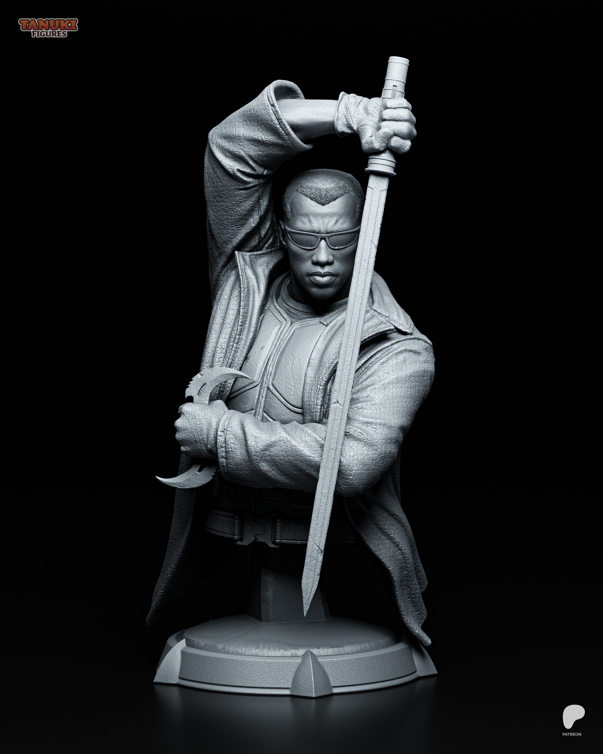 Resin garage kit figure of Vampiric Vampire Hunter by Tattles Told 3D, featuring a detailed blade-wielding vampire hunter in fan art style.