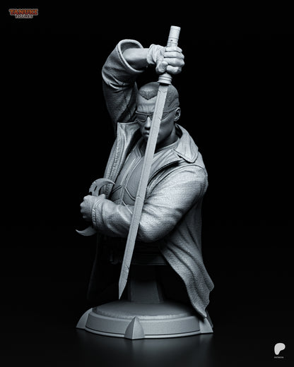 Resin garage kit figure of Vampiric Vampire Hunter by Tattles Told 3D, featuring detailed fan art artwork in tanuki style.