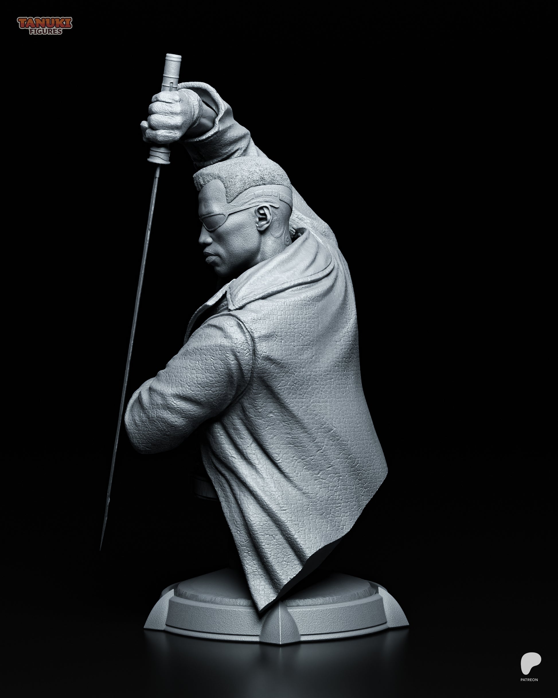 Resin garage kit figure of Vampiric Vampire Hunter by Tattles Told 3D, featuring a detailed tanuki-themed vampire hunter bust.
