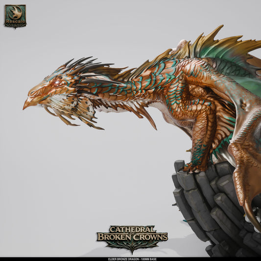 Bronze Elder Dragon miniature for D&D TTRPG, detailed bronze-colored dragon figure by Tattles Told 3D.