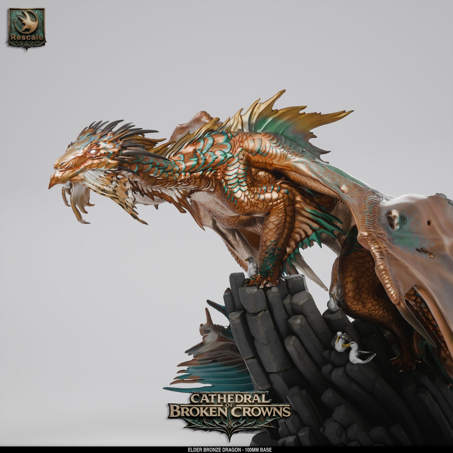 Bronze Elder Dragon miniature from Tattles Told 3D, detailed resin figure for D&D and tabletop RPGs on a display stand.