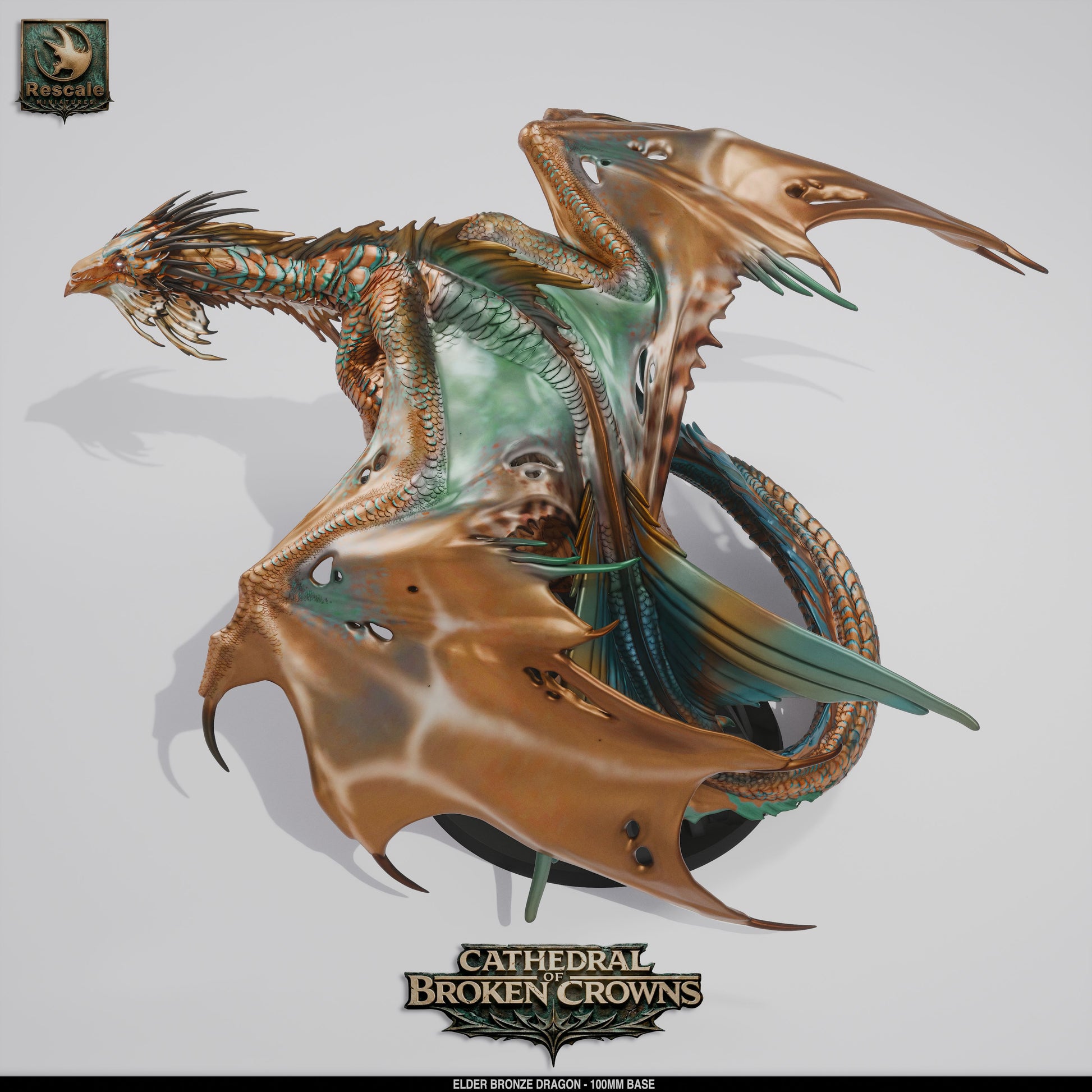 Bronze Elder Dragon miniature from Tattles Told 3D, detailed resin D&D TTRPG figure, showcasing the fierce dragon's scales and majestic stance.