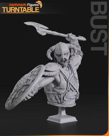 Resin garage kit figure of Frostland Dragon Slayer by Tattles Told 3D, detailed bust with dragon-themed armor and fierce expression.
