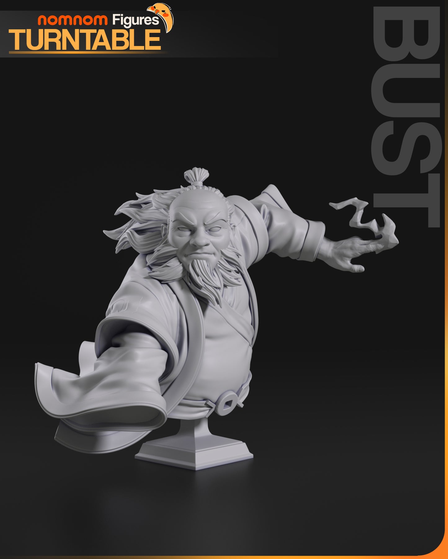 Resin garage kit figure of Lotus Warrior Mentor by Tattles Told 3D, featuring detailed bust with intricate design and dynamic pose.