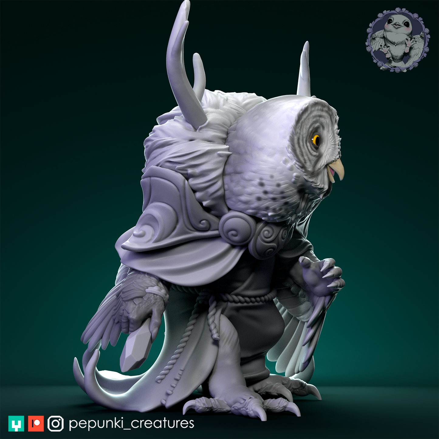 Great Grey Owl Druid | Tabletop or Display Scale | D&D Humblewood TTRPG Miniature | Pepunki Creatures