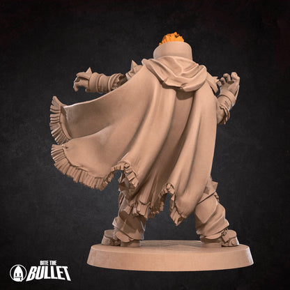 Detailed image of the Calamity King D&D TTRPG miniature by Tattles Told 3D, showcasing the fearsome character with intricate armor and weapons.