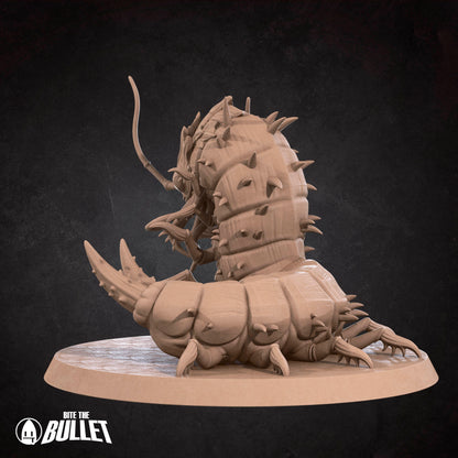 Detailed Carrion Crawler D&D TTRPG miniature by Tattles Told 3D, featuring a creepy, segmented monster with multiple limbs.