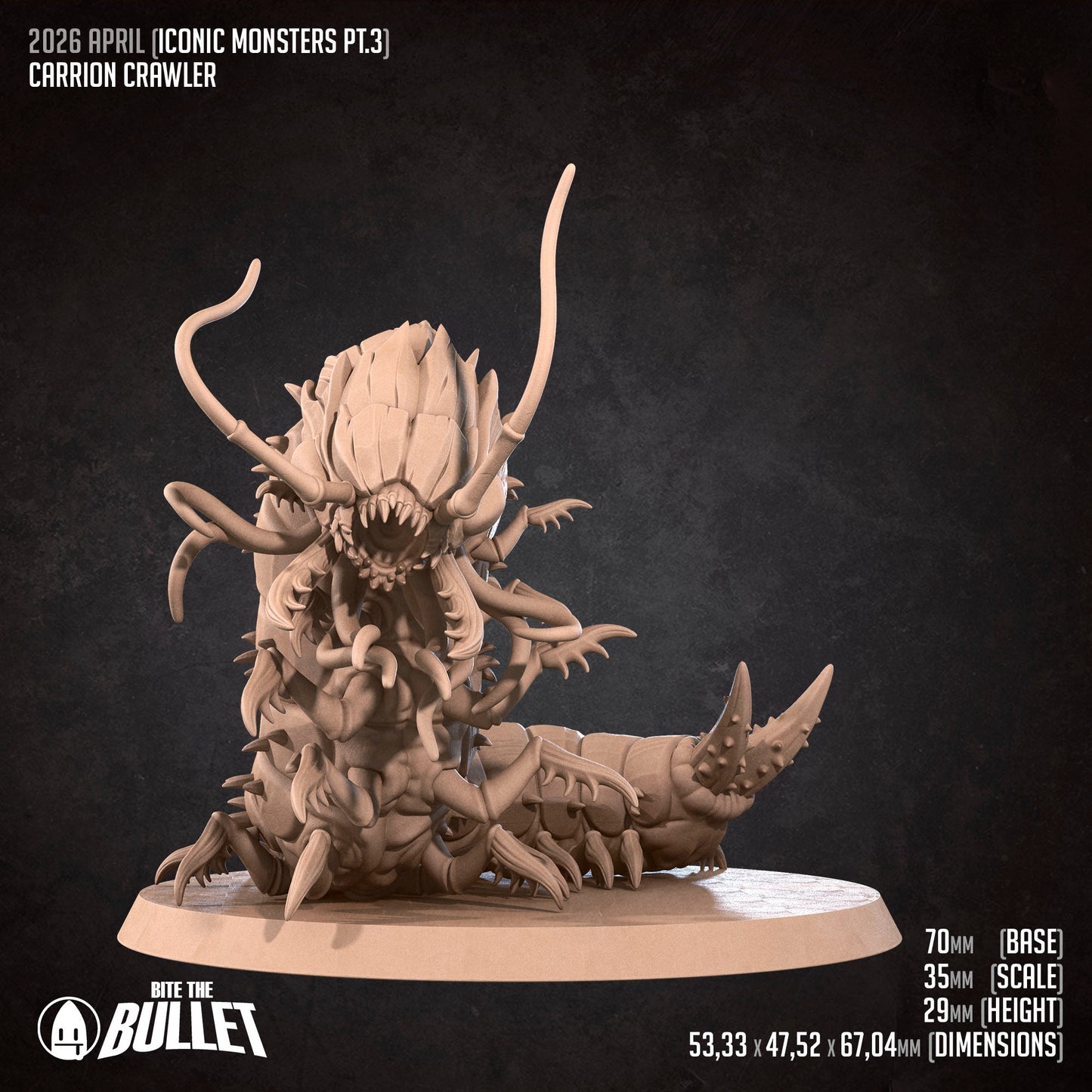 D&D Carrion Crawler miniature by Tattles Told 3D, detailed fantasy creature model for tabletop gaming, featuring multiple tentacles.