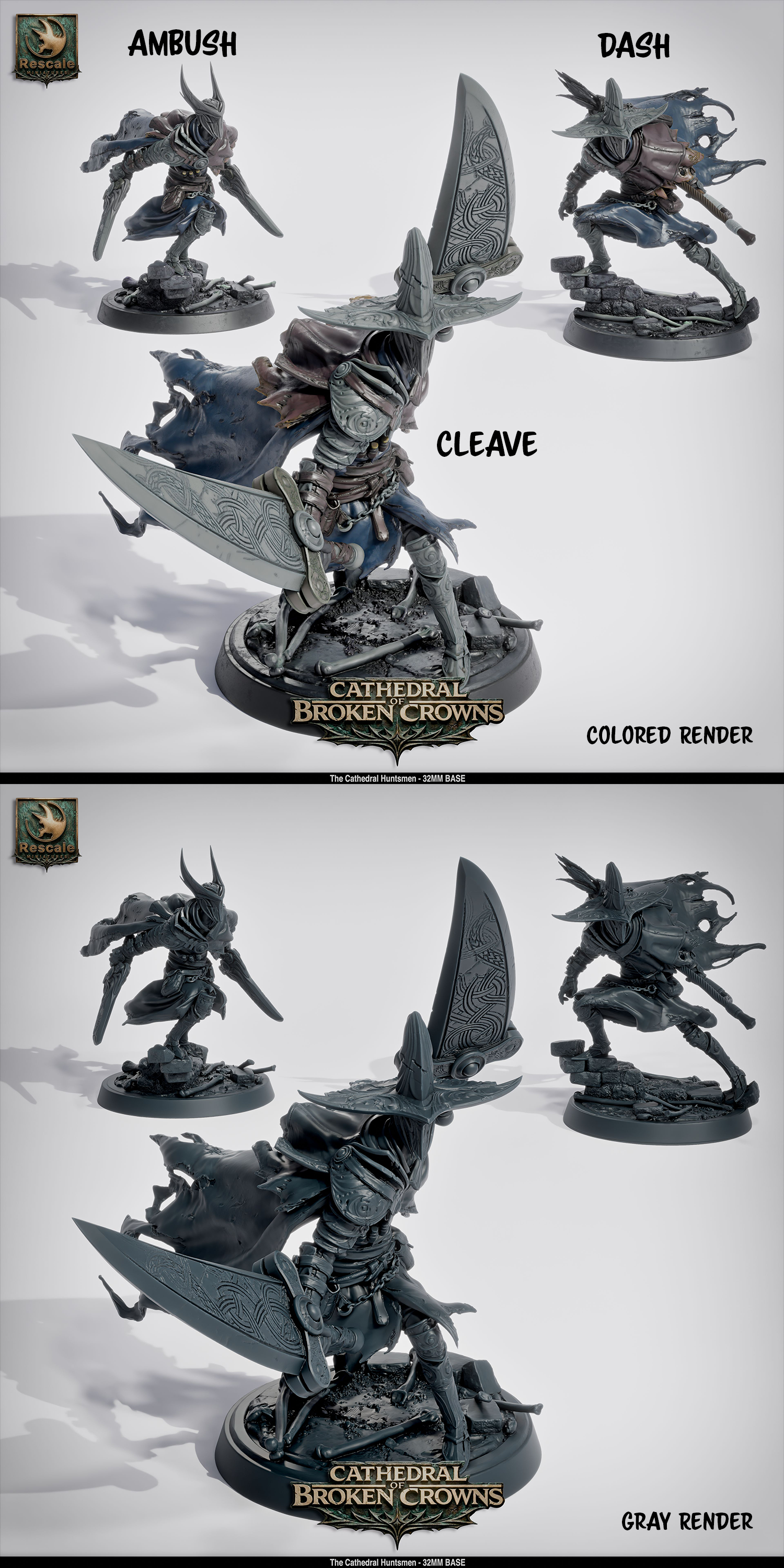 Detailed Tattles Told 3D D&D miniature of the Cathedral Huntsman from Cathedral of Broken Crowns, showcasing intricate design and craftsmanship.