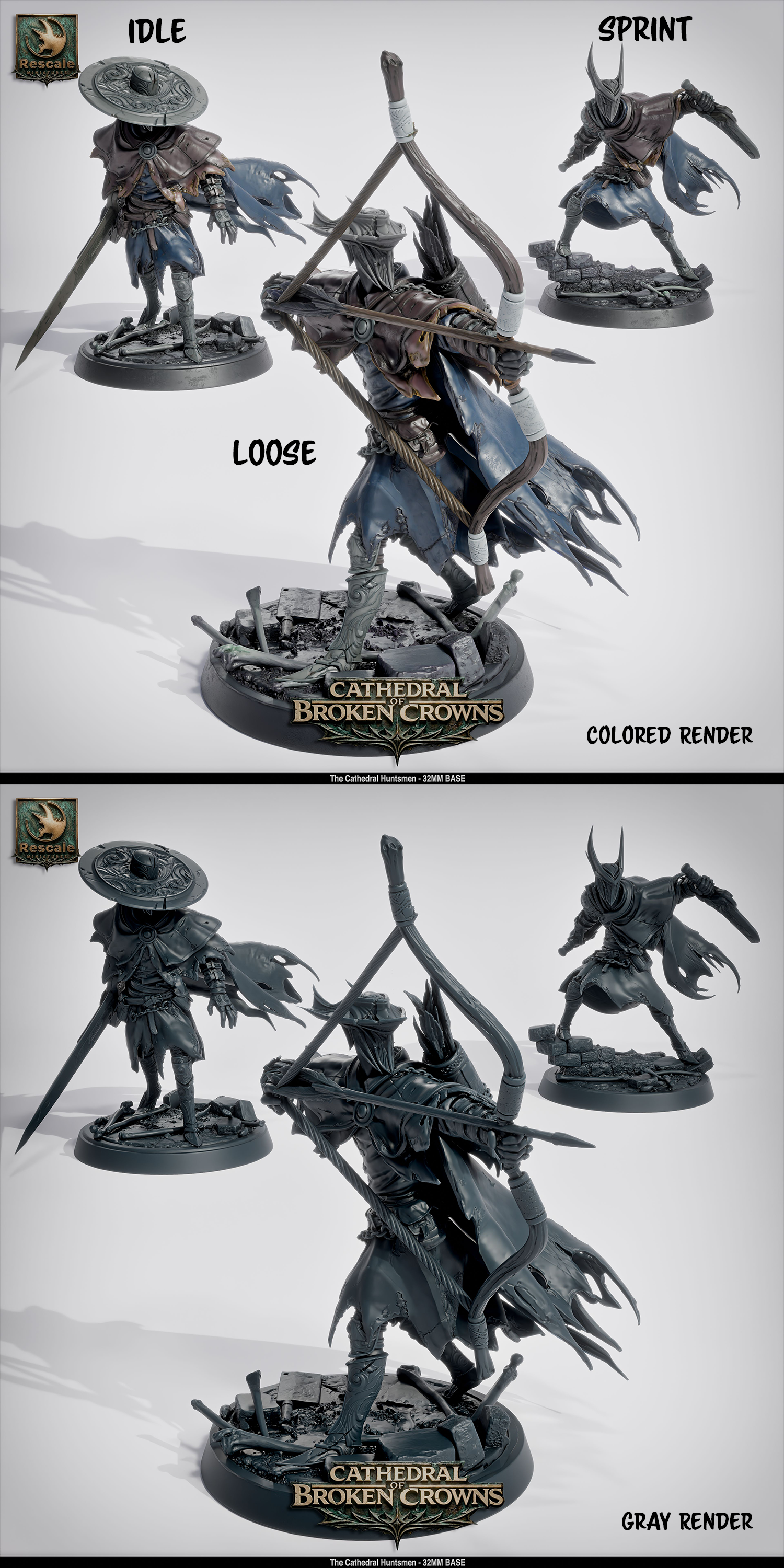 Rescaled Tattles Told 3D D&D miniature of the Cathedral Huntsman from the Cathedral of Broken Crowns set, detailed fantasy figure.