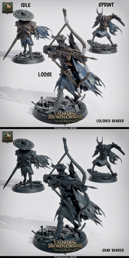 Rescaled Tattles Told 3D D&D miniature of the Cathedral Huntsman from the Cathedral of Broken Crowns set, detailed fantasy figure.