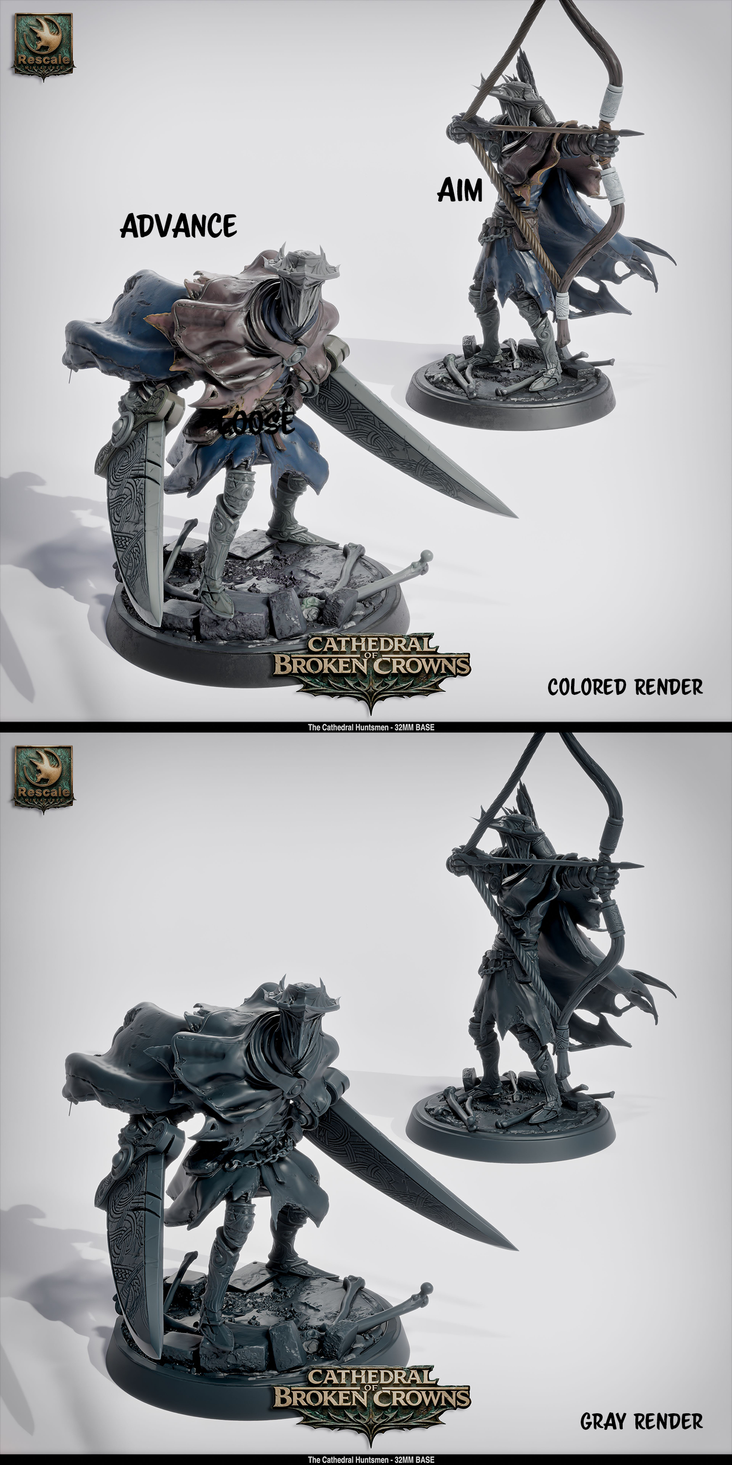 Rescaled D&D miniature of the Cathedral Huntsman from Cathedral of Broken Crowns by Tattles Told 3D, detailed fantasy figure.