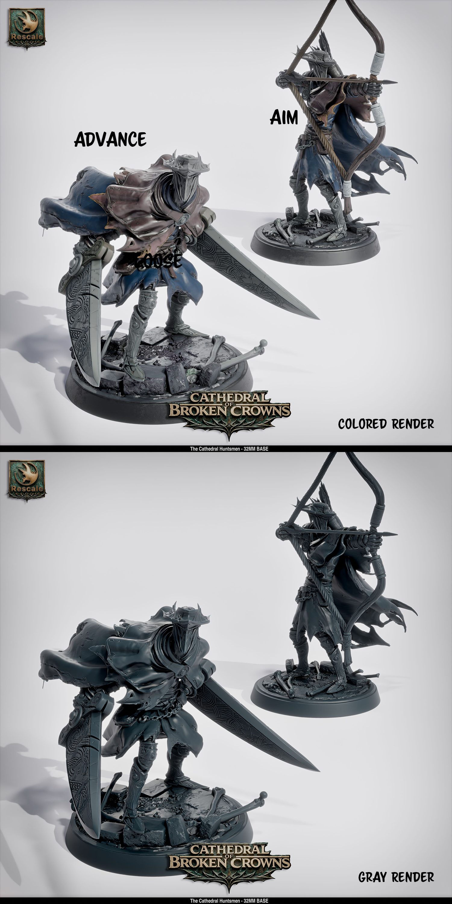 Rescaled D&D miniature of the Cathedral Huntsman from Cathedral of Broken Crowns by Tattles Told 3D, detailed fantasy figure.