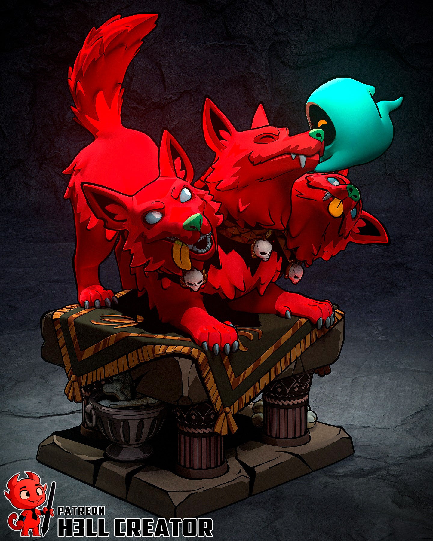 Resin garage kit figure of Cerberus Scritches by Tattles Told 3D, showcasing detailed sculpting and vibrant paintwork.