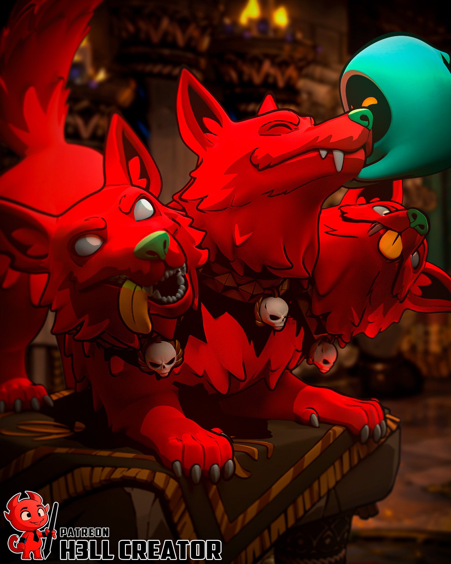 Cerberus Scritches resin garage kit figure by Tattles Told 3D, featuring a detailed three-headed dog design from the game fan art collection.
