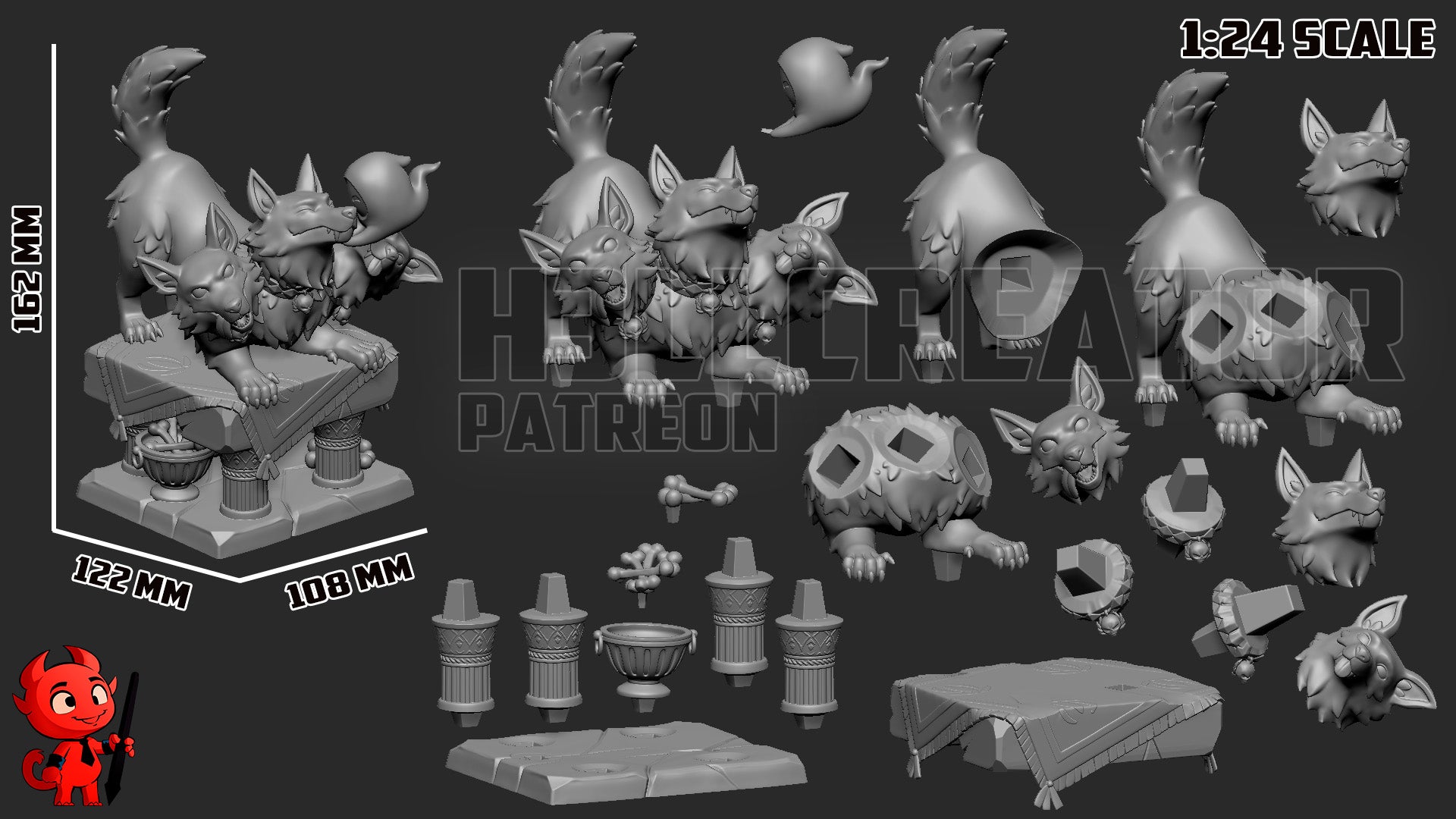 Cerberus Scritches resin garage kit figure by Tattles Told 3D, featuring a detailed three-headed dog sculpture for game fan art.