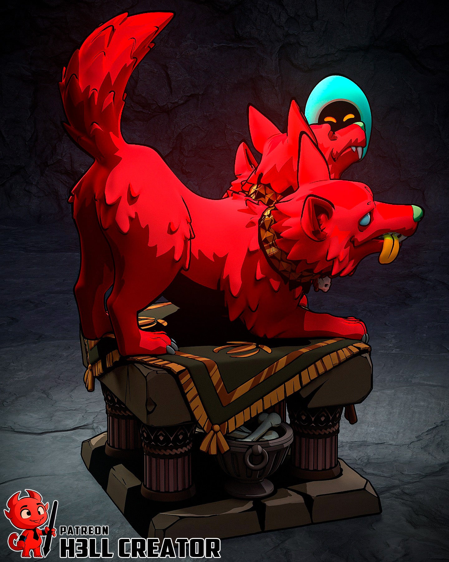 Cerberus Scritches resin garage kit figure by Tattles Told 3D, featuring a detailed three-headed dog from the game fan art.