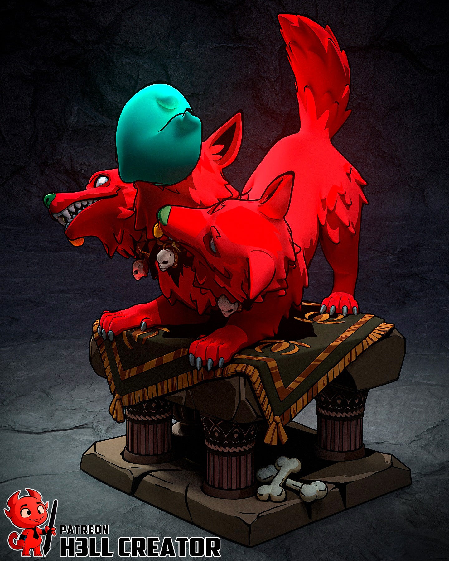 Cerberus Scritches resin garage kit figure by Tattles Told 3D, detailed fan art of a three-headed dog for display or collection.