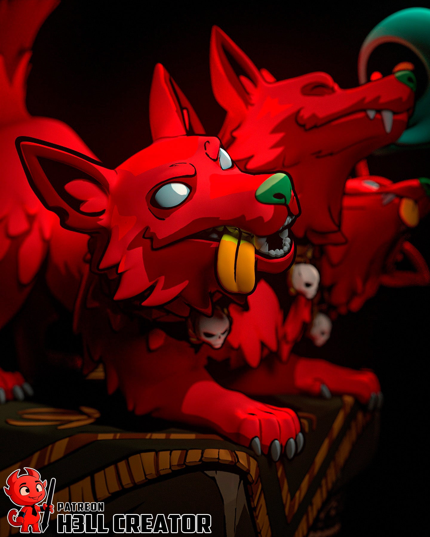Cerberus Scritches resin garage kit figure by Tattles Told 3D, detailed three-headed dog collectible for game fan art display.