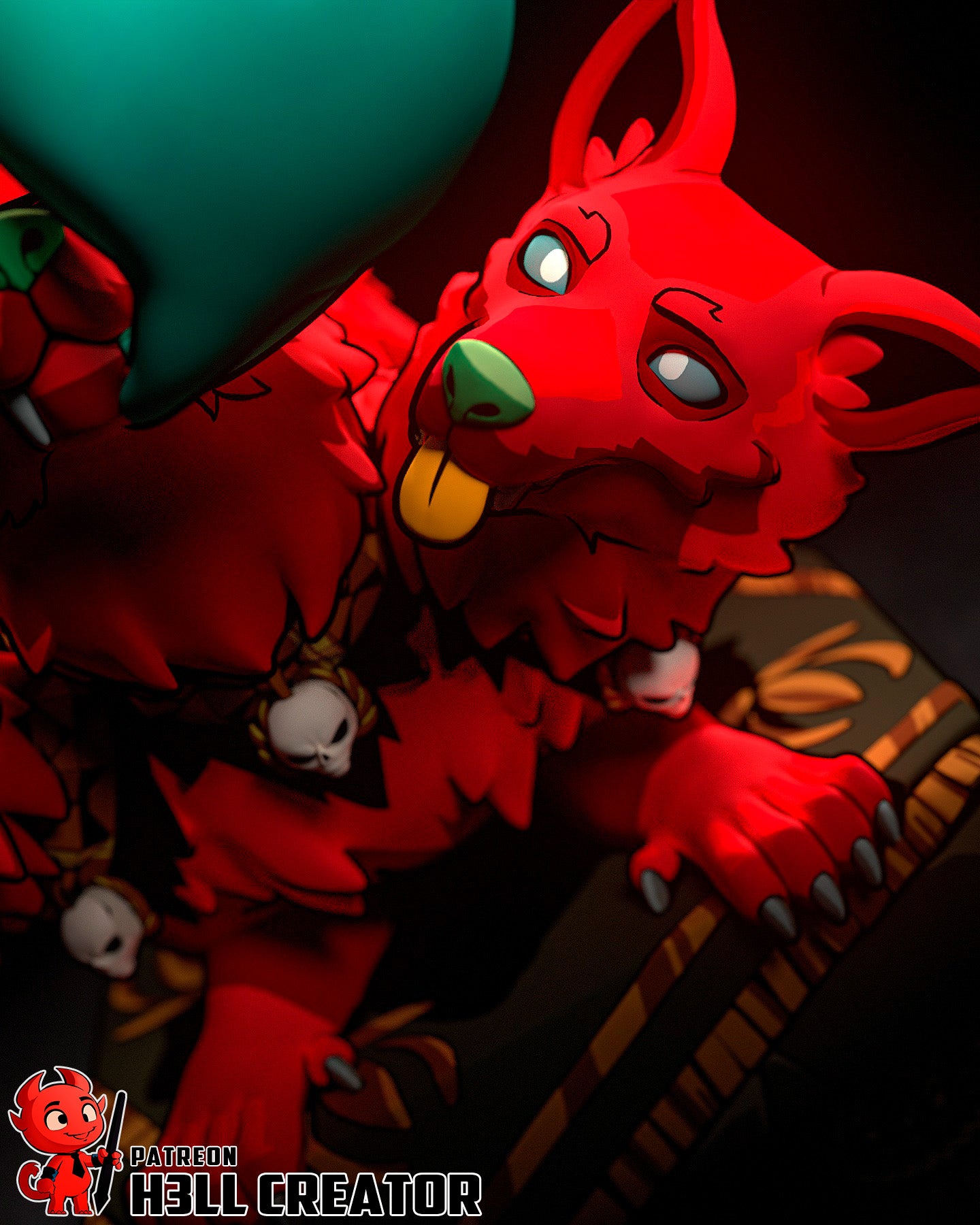 Cerberus Scritches resin garage kit figure by Tattles Told 3D, detailed fan art of a three-headed dog in a garage setting.