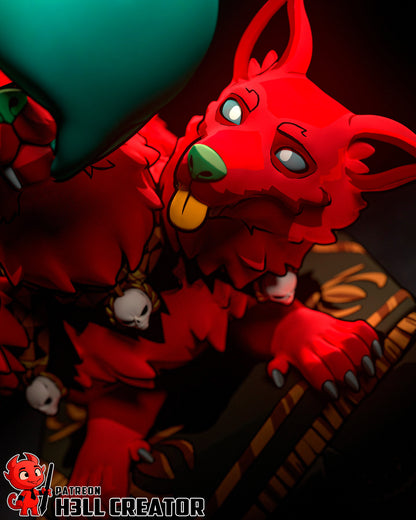 Cerberus Scritches resin garage kit figure by Tattles Told 3D, detailed fan art of a three-headed dog in a garage setting.