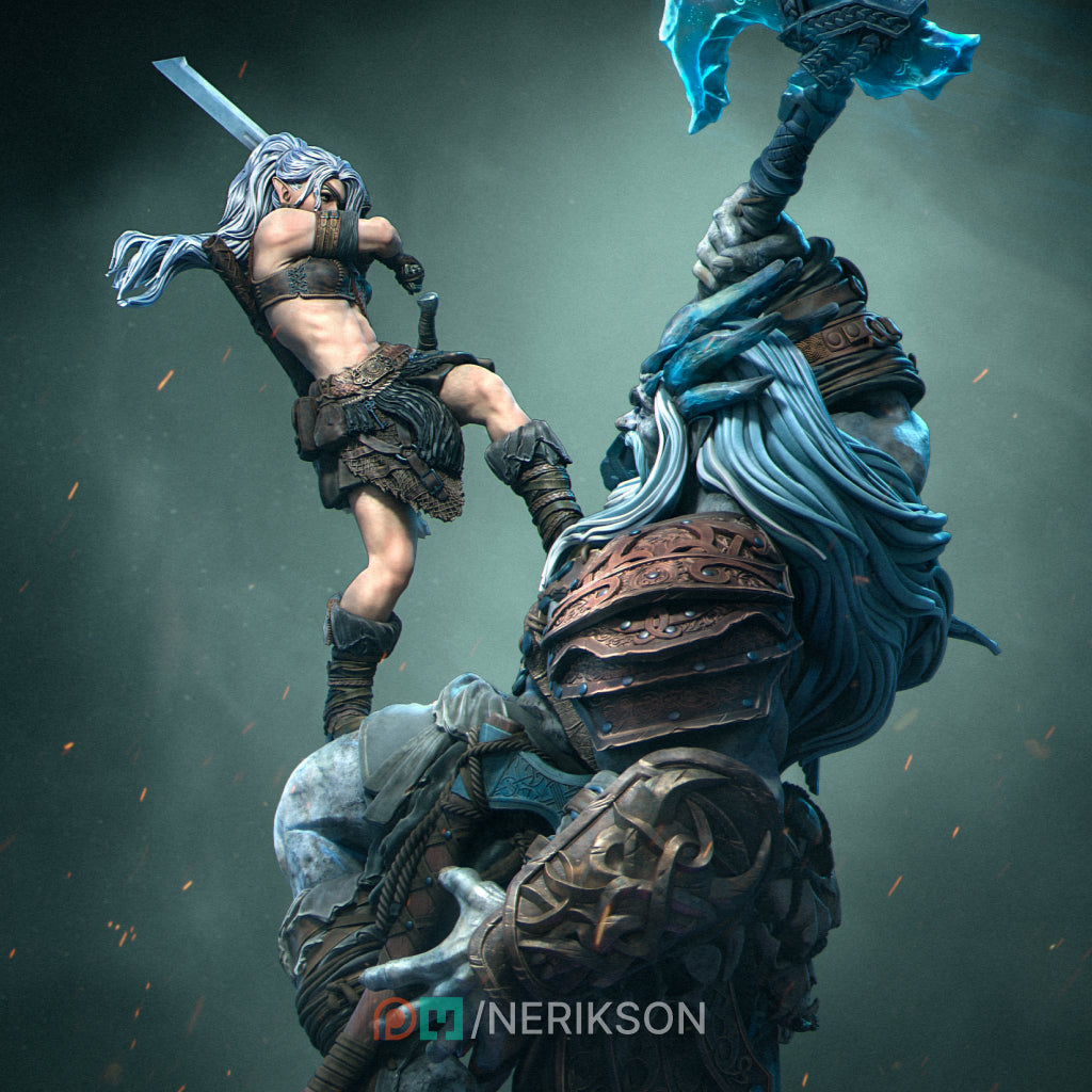 Lia The Barbarian Mercenary vs. The Stone Giant | Garage Resin Kit Statue | D&D TTRPG Fantasy | Nerikson