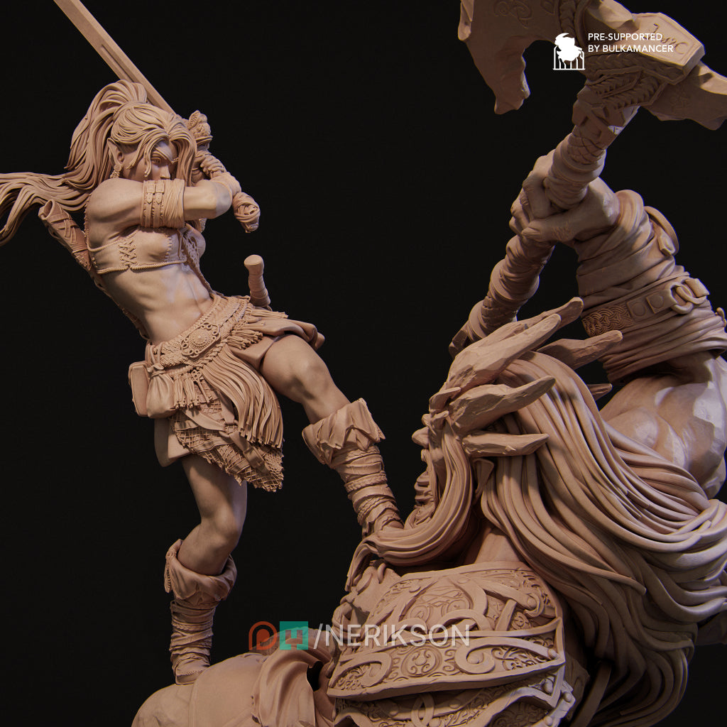 Lia The Barbarian Mercenary vs. The Stone Giant | Garage Resin Kit Statue | D&D TTRPG Fantasy | Nerikson