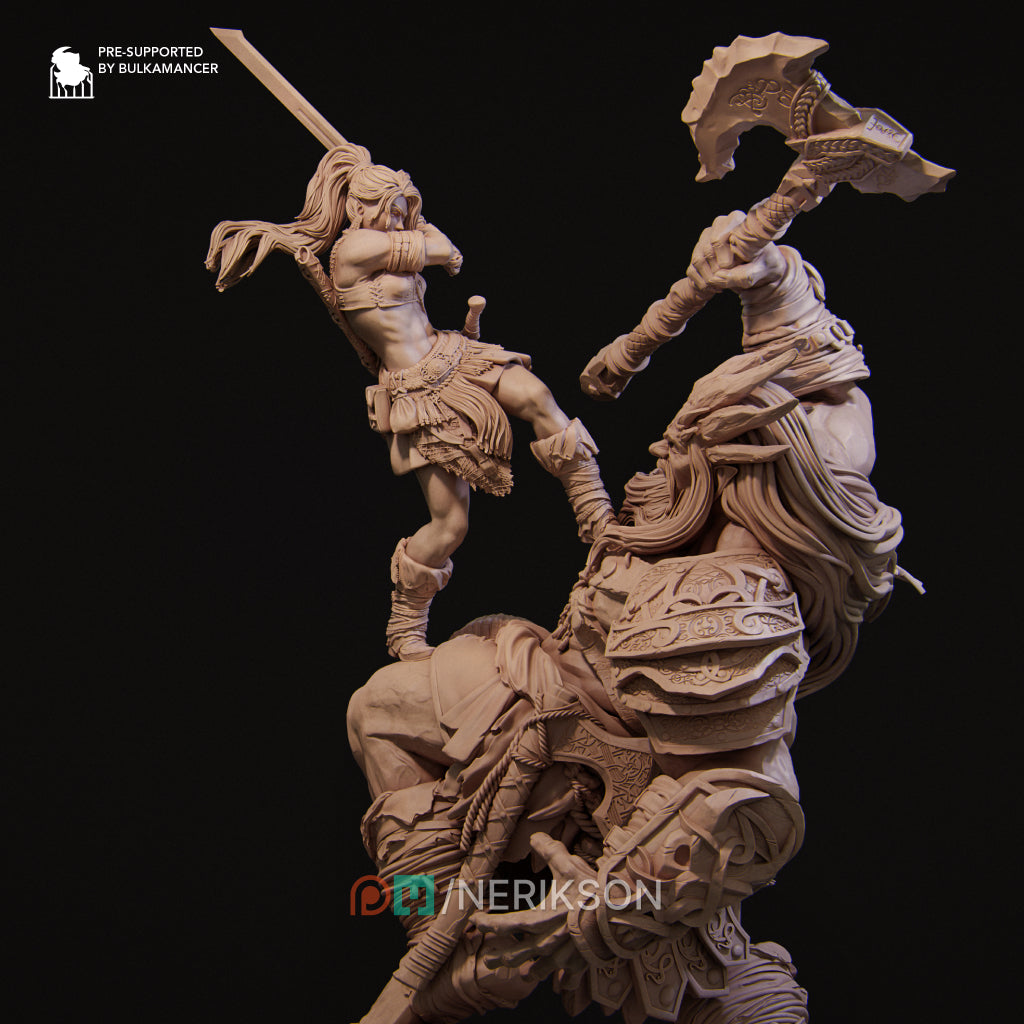 Lia The Barbarian Mercenary vs. The Stone Giant | Garage Resin Kit Statue | D&D TTRPG Fantasy | Nerikson